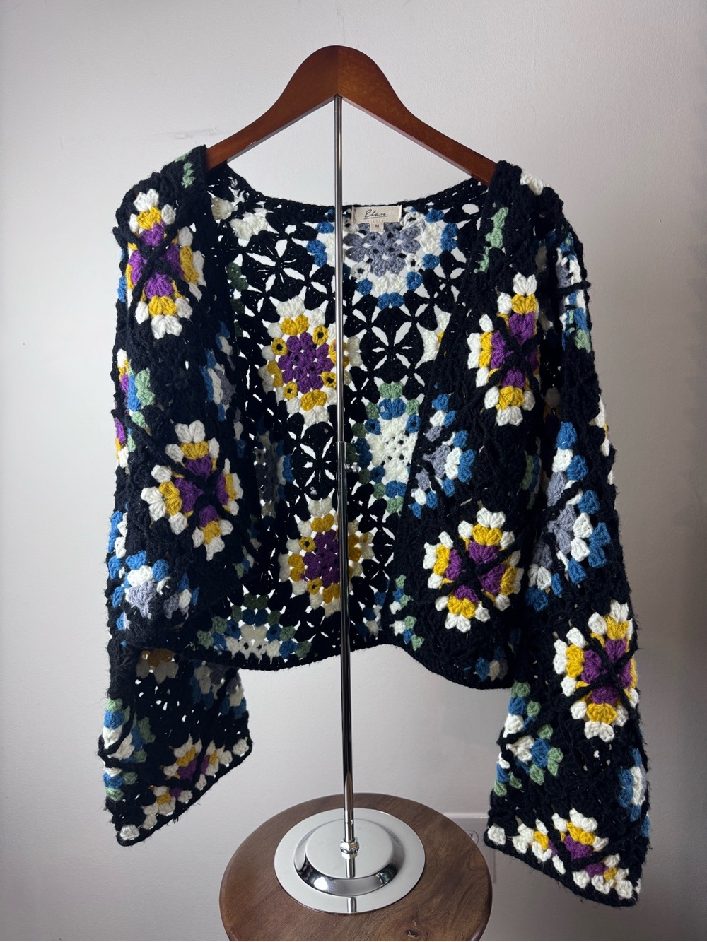 Elan Black Crochet Floral Open Cardigan with Multicolor Flowers